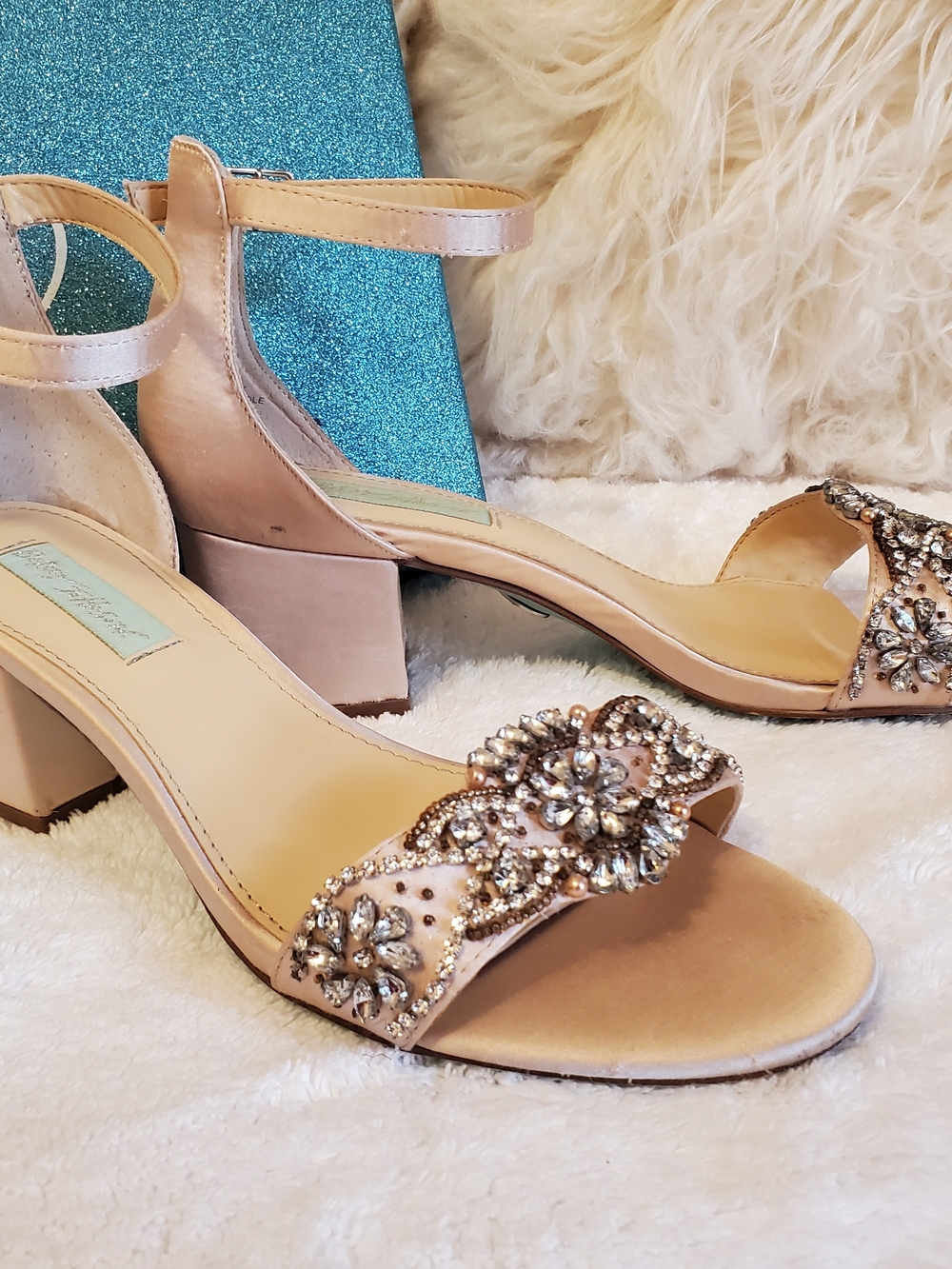 Betsey Johnson Blush Crystal Floral Block Heel Sandals
